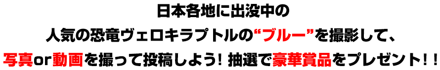 日本各地に出没中の人気の恐竜ヴェロキラプトルの＂ブルー”を撮影して、写真or動画を撮って投稿しよう！抽選で豪華賞品をプレゼント！！